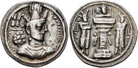 SASANIAN KINGS. Shapur II, 309-379. Drachm (Silver, 21 mm, 4.16 g, 3 h), Kabul(?). Draped bust of Shapur II to right, wearing mural crown with korymbo...