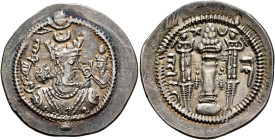 SASANIAN KINGS. Jamasp, 497-499. Drachm (Silver, 28 mm, 4.10 g, 3 h), GD (Gay/Jay), RY 1 = AD 496. Draped bust of Jamasp to right, wearing a mural cro...