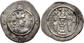 SASANIAN KINGS. Khosrau I, 531-579. Drachm (Silver, 30 mm, 3.75 g, 3 h), GD (Gay/Jay), RY 22 = AD 552. Draped bust of Khosrau I to right, wearing a mu...