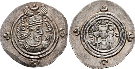 SASANIAN KINGS. Khosrau II, 591-628. Drachm (Silver, 32 mm, 4.14 g, 4 h), GW (Gurgan), RY 29 = AD 619. Draped bust of Khosrau II to right, wearing an ...