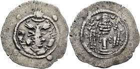 HUNNIC TRIBES, Hephthalites. 6th century. Drachm (Silver, 31 mm, 3.70 g, 4 h), imitating a drachm of the Sasanian King Peroz I (457/9-484) from Balkh....