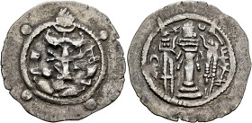 HUNNIC TRIBES, Hephthalites. 6th century. Drachm (Silver, 30 mm, 3.70 g, 3 h), imitating a drachm of the Sasanian King Peroz I (457/9-484) from Balkh....