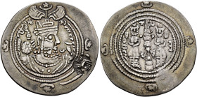 HUNNIC TRIBES, Western Turks. 7th century. Drachm (Silver, 30 mm, 3.42 g, 3 h), imitating a Khosrau II type with the RY 35 (= 625) from the AW (Ohrmaz...