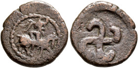 KHWARAZMIA. King Wazamar, circa 250-300. AE (Copper, 16 mm, 2.76 g). Wazamar on horseback to right. Rev. Swastika-shaped tamgha. Vainberg Type Б2 1. E...
