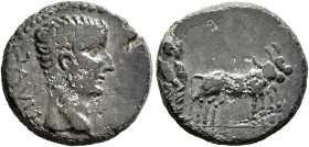 MACEDON. Philippi (?). Tiberius, 14-37. AE (Bronze, 16 mm, 3.47 g, 12 h). TI AVG Bare head of Tiberius to right. Rev. Founder plowing right with two y...