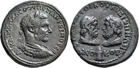 MYSIA. Cyzicus. Macrinus, 217-218. Hexassarion (Bronze, 32 mm, 21.13 g, 6 h), Varius Phoebus, strategos. AY KAI M OΠЄΛ CЄOYHP MAKPЄINOC CЄ Laureate an...