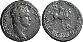 MYSIA. Hadrianotherae. Hadrian, 117-138. Tetrassarion (Bronze, 29 mm, 14.66 g, 6 h), Orphios Menophantos, strategos. AY KAI TPAIANOC AΔPIANOC AYΓO Lau...