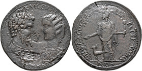 CARIA. Stratonicaea. Septimius Severus, with Julia Domna, 193-211. Hexassarion (Bronze, 37 mm, 21.85 g, 6 h), Flavius Leon Lena, son of Alkaios, magis...