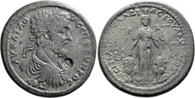 CARIA. Trapezopolis. Septimius Severus, 193-211. Hexassarion (Bronze, 37 mm, 27.93 g, 6 h), T. Klaudius Adrastos, archon and son of the high priest. A...