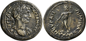 PHRYGIA. Ancyra. Hadrian, 117-138. Diassarion (Orichalcum, 26 mm, 8.69 g, 12 h), Men... Askl..., archon. ΑΥ ΚΑΙ ΤΡΑΙ ΑΔΡΙΑΝΟϹ Ϲ Laureate head of Hadri...