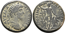 PHRYGIA. Docimeium. Lucius Verus, 161-169. Tetrassarion (Bronze, 29 mm, 16.18 g, 7 h), circa 163-165. ΑΥ•ΚΑΙ•Λ• - ΑΥΡ•ΟΥΗΡΟ-Ϲ• Laureate, draped and cu...