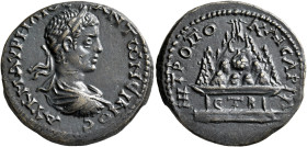 CAPPADOCIA. Caesaraea-Eusebia. Elagabalus, 218-222. Tetrassarion (Orichalcum, 27 mm, 10.67 g, 12 h), RY 2 = 218/9. ΑΥ Κ Μ ΑΥΡΗΛΙΟϹ ΑΝΤⲰΝЄΙNOC Laureate...
