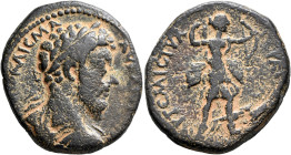 SYRIA, Decapolis. Gerasa. Marcus Aurelius, 161-180. Tetrassarion (Bronze, 29 mm, 17.90 g, 12 h). ΑVΤ ΚΑΙϹ ΜΑ ΑVΡ ΑΝΤⲰΝ Laureate, draped and cuirassed ...