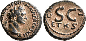JUDAEA, Roman Administration. Agrippa II, with Domitian, circa 50-100 CE. As (Bronze, 18 mm, 4.91 g, 12 h), RY 26 of the second era of Agrippa II = 85...