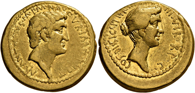 Mark Antony, 44-30 BC. Aureus (Gold, 20 mm, 8.24 g, 1 h), with Octavia. Athens, ...