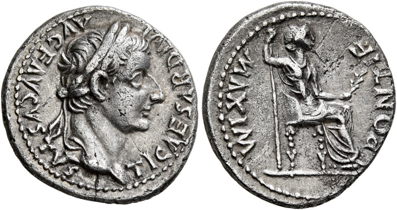 Tiberius, 14-37. Denarius (Silver, 18 mm, 3.69 g, 12 h), Lugdunum, group 5, circ...