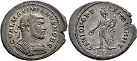 Galerius, as Caesar, 293-305. Follis (Silvered bronze, 31 mm, 9.39 g, 6 h), Londinium, circa 297. C VAL MAXIMIANVS NOB C Laureate and cuirassed bust o...