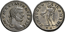 Maximianus, first reign, 286-305. Follis (Silvered bronze, 26 mm, 10.70 g, 6 h), Treveri, circa 295. IMP MAXIMIANVS P AVG Laureate head of Maximianus ...