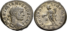 Galerius, as Caesar, 293-305. Follis (Silvered bronze, 27 mm, 11.88 g, 5 h), Treveri, circa 295. MAXIMIANVS NOB CAES Laureate head of Galerius to righ...