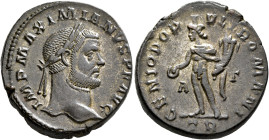 Maximianus, first reign, 286-305. Follis (Silvered bronze, 26 mm, 9.00 g, 5 h), Treveri, circa 296-297. IMP MAXIMIANVS P F AVG Laureate head of Maximi...