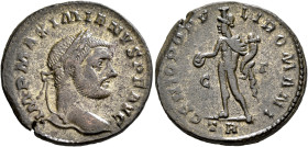 Maximianus, first reign, 286-305. Follis (Silvered bronze, 26 mm, 9.14 g, 5 h), Treveri, circa 296-297. IMP MAXIMIANVS P F AVG Laureate head of Maximi...