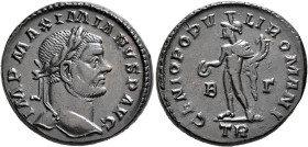 Maximianus, first reign, 286-305. Follis (Bronze, 26 mm, 10.12 g, 6 h), Treveri, circa 296-297. IMP MAXIMIANVS P AVG Laureate head of Maximianus to ri...