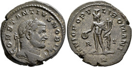 Constantius I, as Caesar, 293-305. Follis (Silvered bronze, 27 mm, 10.10 g, 12 h), Treveri, circa 296-297. CONSTANTIVS NOBIL C Laureate head of Consta...