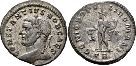 Constantius I, as Caesar, 293-305. Follis (Silvered bronze, 27 mm, 7.69 g, 6 h), Treveri, circa 296-297. CONSTANTIVS NOB CAES Laureate head of Constan...