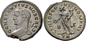 Constantius I, as Caesar, 293-305. Follis (Silvered bronze, 27 mm, 10.08 g, 6 h), Treveri, circa 296-297. CONSTANTIVS NOB CAES Laureate head of Consta...