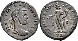 Galerius, as Caesar, 293-305. Follis (Silvered bronze, 27 mm, 10.61 g, 12 h), Treveri, circa 296-297. MAXIMIANVS NOBIL C Laureate head of Galerius to ...