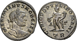 Galerius, as Caesar, 293-305. Follis (Silvered bronze, 27 mm, 8.90 g, 7 h), Treveri, circa 296-297. MAXIMIANVS NOB CAES Laureate head of Galerius to r...