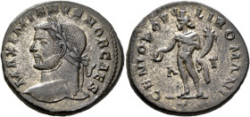 Galerius, as Caesar, 293-305. Follis (Silvered bronze, 26 mm, 10.14 g, 6 h), Treveri, circa 296-297. MAXIMIANVS NOB CAES Laureate head of Galerius to ...