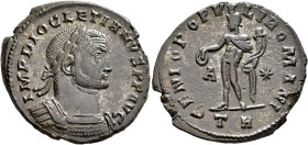 Diocletian, 284-305. Follis (Silvered bronze, 28 mm, 10.29 g, 5 h), Treveri, circa 298-299. IMP DIOCLETIANVS P F AVG Laureate and cuirassed bust of Di...