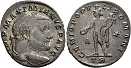 Maximianus, first reign, 286-305. Follis (Silvered bronze, 28 mm, 8.23 g, 11 h), Treveri, circa 298-299. IMP MAXIMIANVS P AVG Laureate head of Maximia...