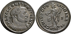 Constantius I, as Caesar, 293-305. Follis (Silvered bronze, 28 mm, 9.91 g, 7 h), Treveri, circa 302-303. FL VAL CONSTANTIVS N C Laureate and cuirassed...