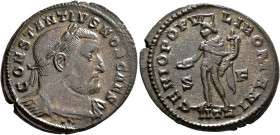 Constantius I, as Caesar, 293-305. Follis (Silvered bronze, 29 mm, 9.24 g, 6 h), Treveri, circa 302-303. CONSTANTIVS NOB CAES Laureate and cuirassed b...