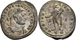 Constantius I, as Caesar, 293-305. Follis (Silvered bronze, 31 mm, 9.85 g, 6 h), Treveri, circa 298-299. FL VAL CONSTANTIVS NOBIL C Laureate and cuira...