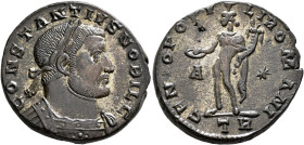 Constantius I, as Caesar, 293-305. Follis (Silvered bronze, 26 mm, 10.24 g, 6 h), Treveri, circa 298-299. CONSTANTIVS NOBIL C Laureate and cuirassed b...