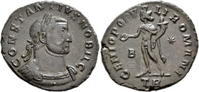 Constantius I, as Caesar, 293-305. Follis (Bronze, 29 mm, 9.34 g, 5 h), Treveri, circa 298-299. CONSTANTIVS NOBIL C Laureate and cuirassed bust of Con...