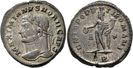 Galerius, as Caesar, 293-305. Follis (Silvered bronze, 26 mm, 9.21 g, 6 h), Treveri, circa 298-299. MAXIMIANVS NOBIL CAES Laureate head of Galerius to...