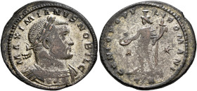 Galerius, as Caesar, 293-305. Follis (Silvered bronze, 29 mm, 10.06 g, 11 h), Treveri, circa 298-299. MAXIMIANVS NOBIL C Laureate and cuirassed bust o...