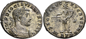 Diocletian, 284-305. Follis (Silvered bronze, 28 mm, 8.89 g, 5 h), Treveri, circa 300-301. IMP DIOCLETIANVS P F AVG Laureate and cuirassed bust of Dio...