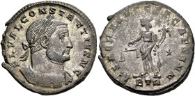 Constantius I, as Caesar, 293-305. Follis (Silvered bronze, 28 mm, 9.61 g, 5 h), Treveri, circa 300-301. FL VAL CONSTANTIVS N C Laureate and cuirassed...