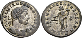 Galerius, as Caesar, 293-305. Follis (Silvered bronze, 29 mm, 11.41 g, 11 h), Treveri, circa 300-301. MAXIMIANVS NOBIL CAES Laureate and cuirassed bus...