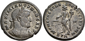 Galerius, as Caesar, 293-305. Follis (Silvered bronze, 27 mm, 10.47 g, 6 h), Treveri, circa 300-301. MAXIMIANVS NOB CAES Laureate and cuirassed bust o...