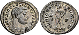 Diocletian, 284-305. Follis (Silvered bronze, 30 mm, 11.28 g, 6 h), Treveri, circa 302-303. IMP DIOCLETIANVS P F AVG Laureate and cuirassed bust of Di...