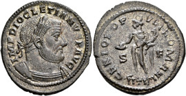Diocletian, 284-305. Follis (Silvered bronze, 29 mm, 7.48 g, 6 h), Treveri, circa 302-303. IMP DIOCLETIANVS P AVG Laureate and cuirassed bust of Diocl...