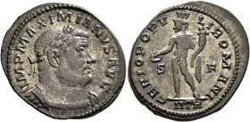 Maximianus, first reign, 286-305. Follis (Silvered bronze, 29 mm, 10.46 g, 6 h), Treveri, circa 302-303. IMP MAXIMIANVS AVG Laureate and cuirassed bus...