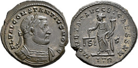 Constantius I, as Caesar, 293-305. Follis (Silvered bronze, 28 mm, 11.80 g, 12 h), Treveri, circa 302-303. FL VAL CONSTANTIVS NOB C Laureate and cuira...