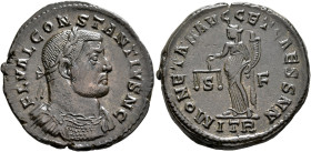 Constantius I, as Caesar, 293-305. Follis (Silvered bronze, 28 mm, 9.67 g, 5 h), Treveri, circa 302-303. FL VAL CONSTANTIVS N C Laureate and cuirassed...